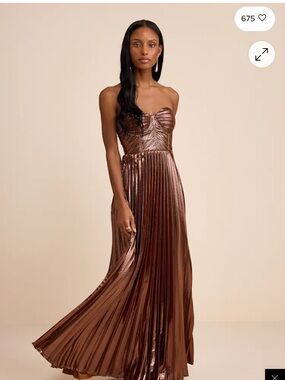 Lulu's Strapless Metallic Brown Pleated Gown